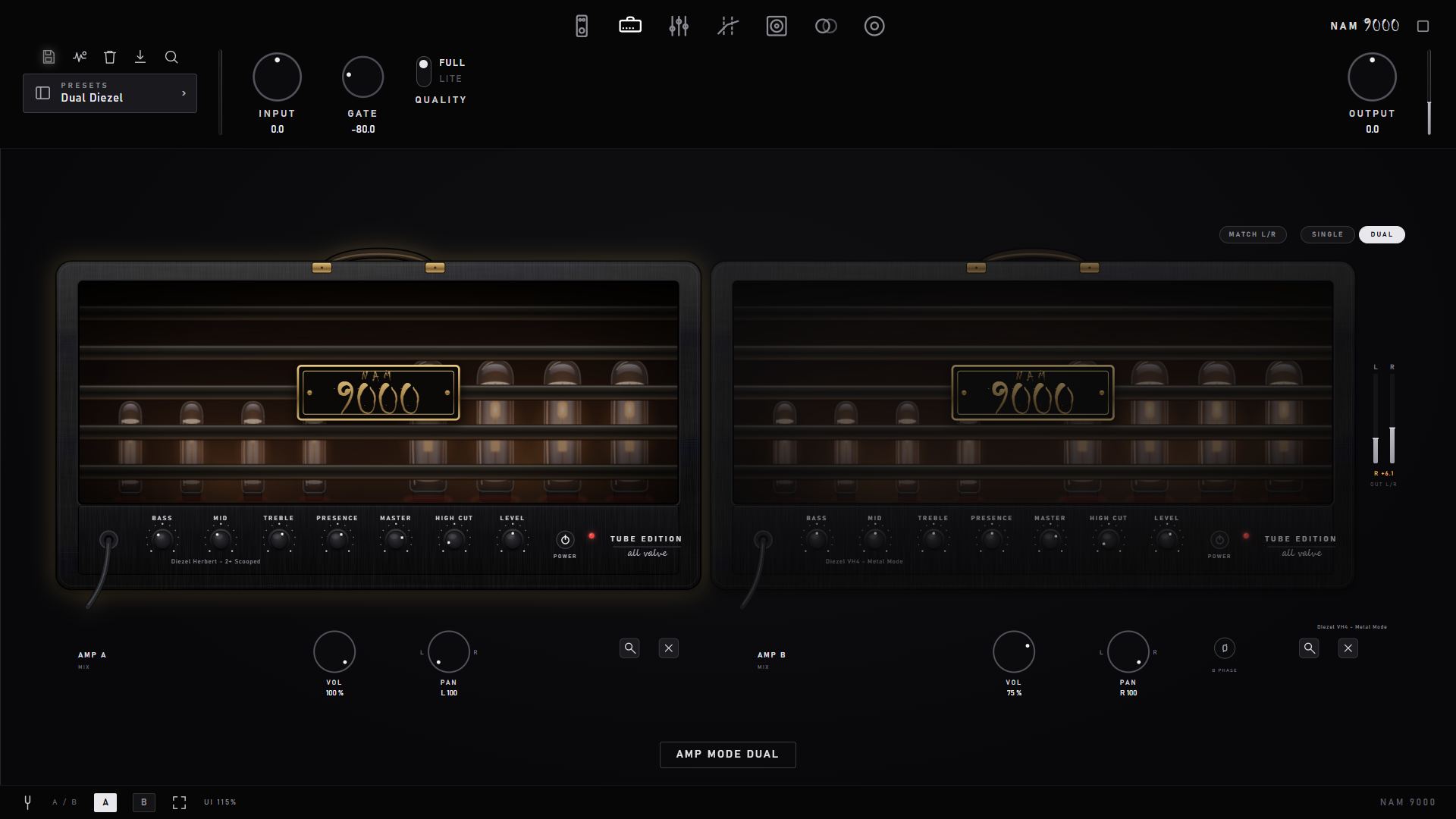 Dual amp rig — two independent heads with a mix panel under each
