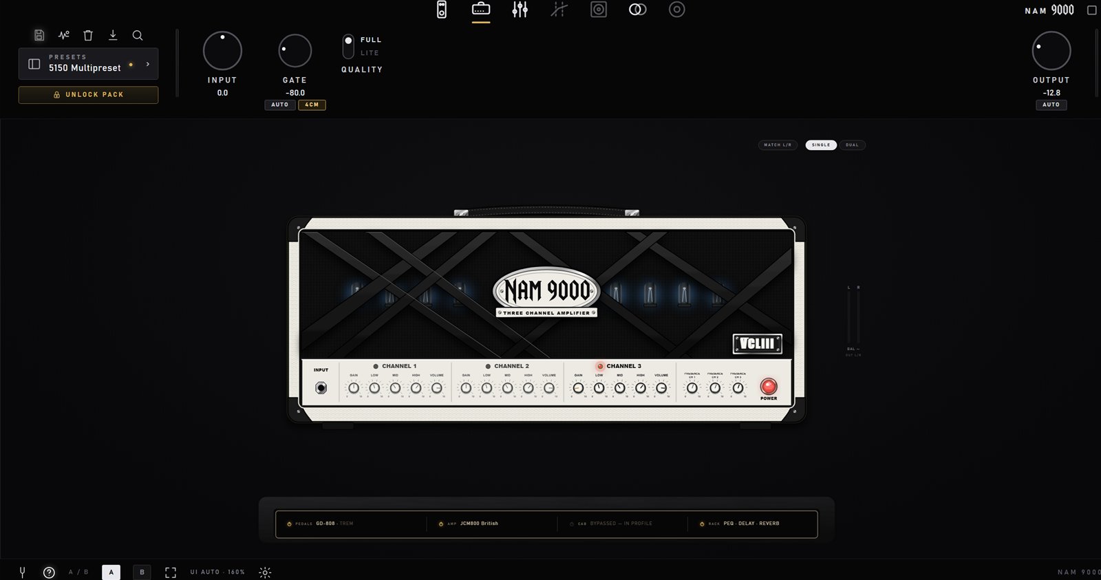 A three-channel amp loaded as one head with its own faceplate