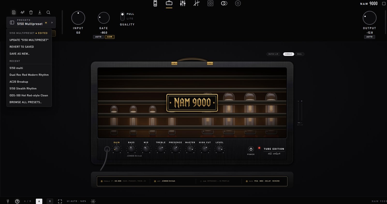 The preset chip menu open, with UPDATE, REVERT TO SAVED, SAVE AS NEW and recent presets