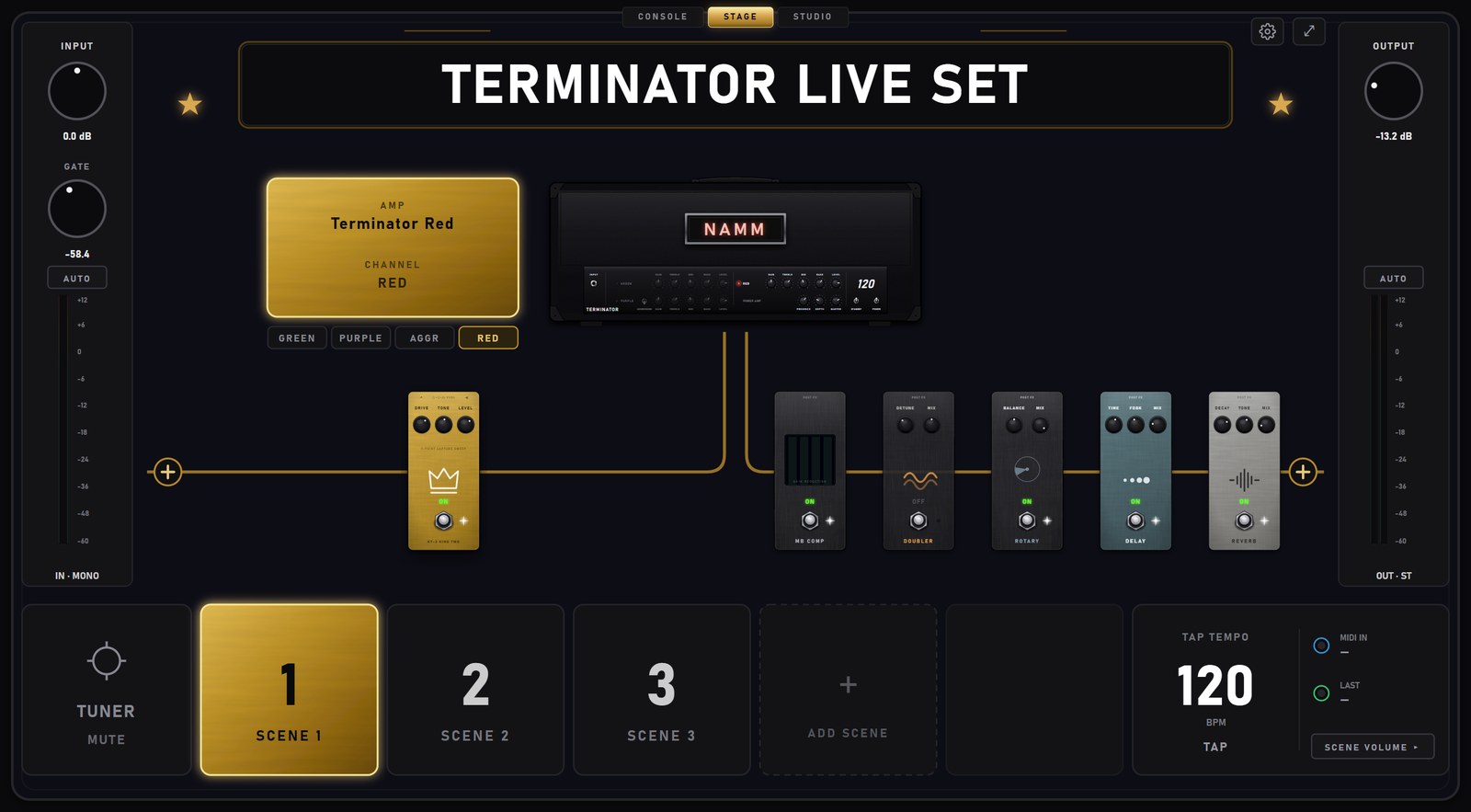 The STAGE view: pedalboard, amp head with its channel buttons, rack pedals, IN and OUT rails, and the scene strip along the bottom