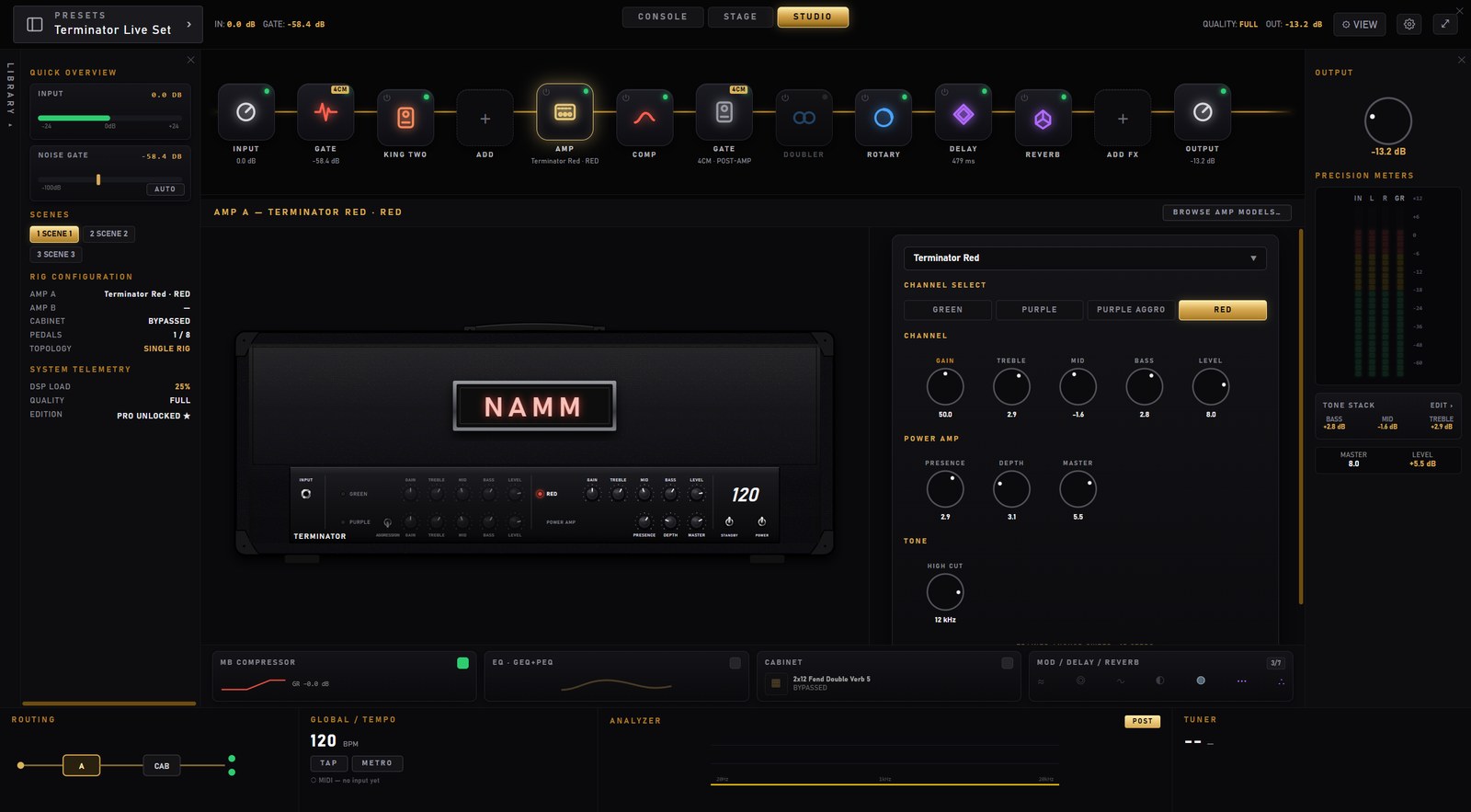 The STUDIO view: the chain grid across the top, the amp editor with channel select and printed knob values below, rails and telemetry around it